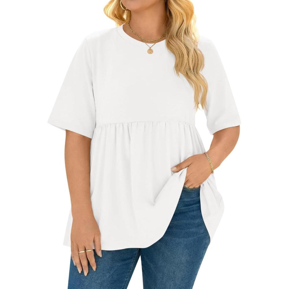 image:imageBeautife Womens Plus Size Summer Babydoll Tops Short Sleeve Crew Neck T Shirts Peplum Casual Loose Fit BlouseWhite