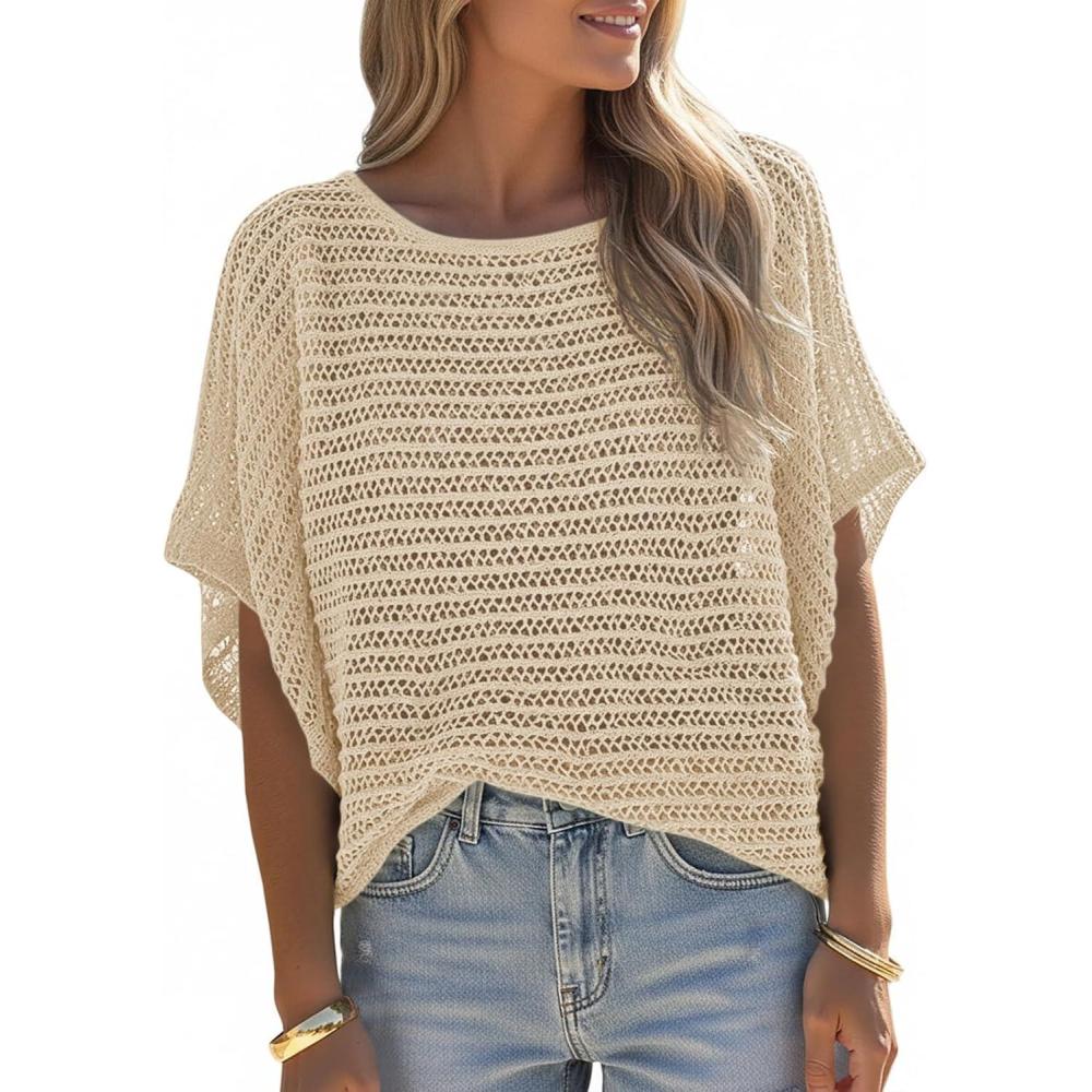 image:imageSaodimallsu Womens Crochet Tops Summer Batwing Short Sleeve Oversized Sweater Boat Neck Mesh Knit Beach Cover Up TopBeige