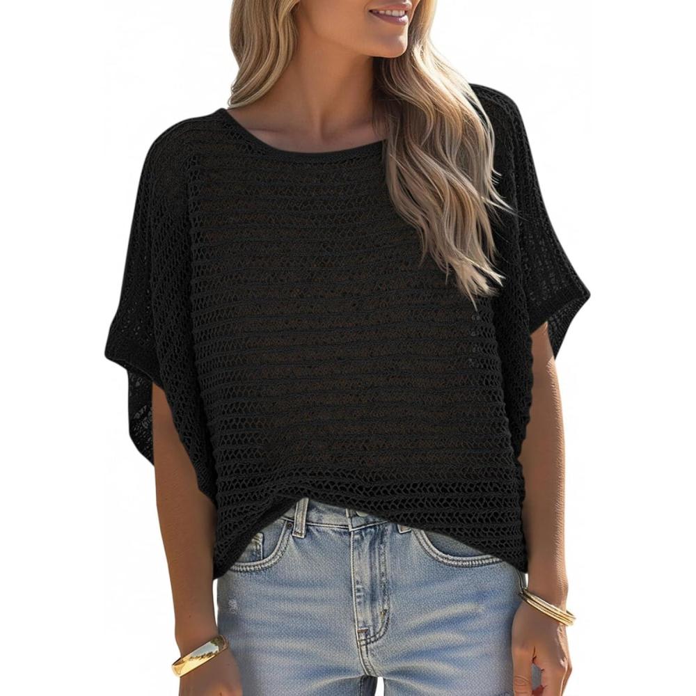 image:imageSaodimallsu Womens Crochet Tops Summer Batwing Short Sleeve Oversized Sweater Boat Neck Mesh Knit Beach Cover Up TopBlack