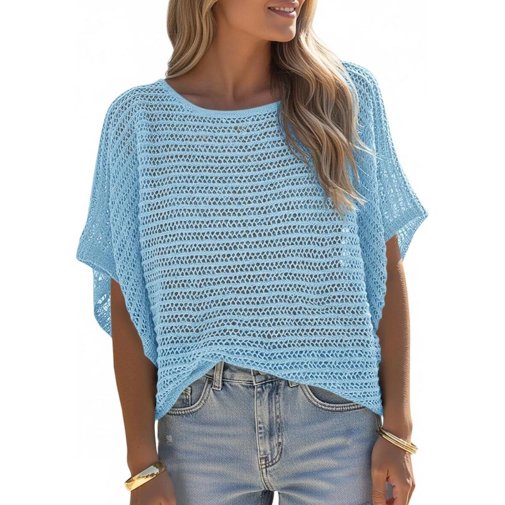 image:imageSaodimallsu Womens Crochet Tops Summer Batwing Short Sleeve Oversized Sweater Boat Neck Mesh Knit Beach Cover Up TopBlue