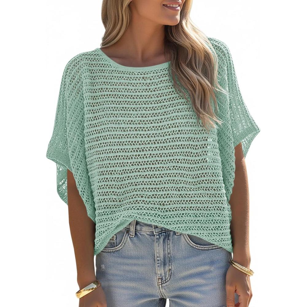 image:imageSaodimallsu Womens Crochet Tops Summer Batwing Short Sleeve Oversized Sweater Boat Neck Mesh Knit Beach Cover Up TopGreen