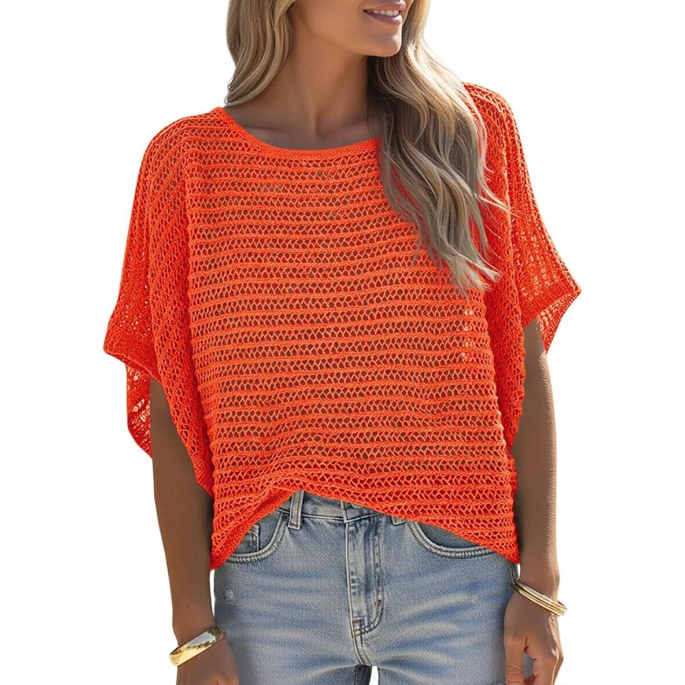 image:imageSaodimallsu Womens Crochet Tops Summer Batwing Short Sleeve Oversized Sweater Boat Neck Mesh Knit Beach Cover Up TopOrange Red