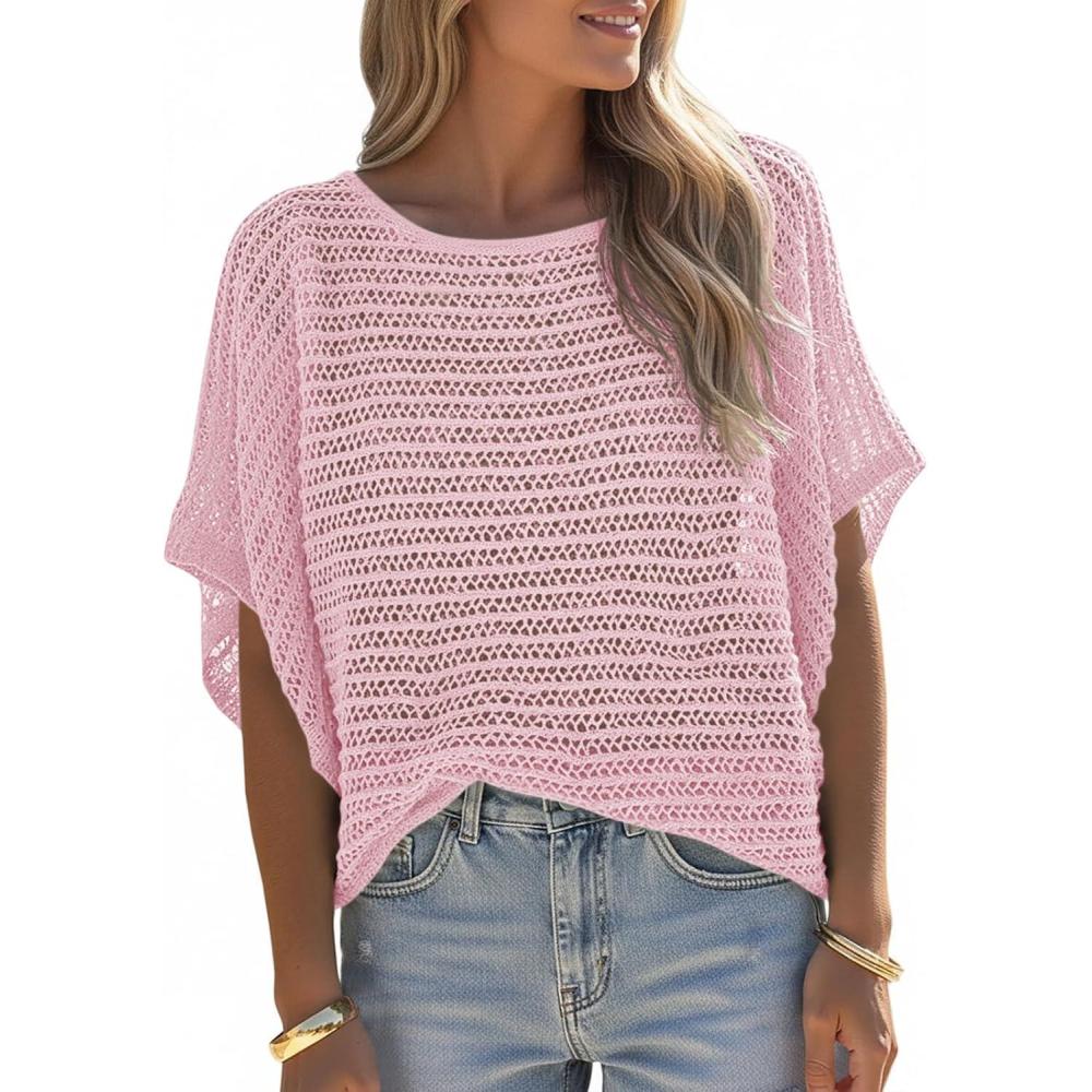 image:imageSaodimallsu Womens Crochet Tops Summer Batwing Short Sleeve Oversized Sweater Boat Neck Mesh Knit Beach Cover Up TopPink