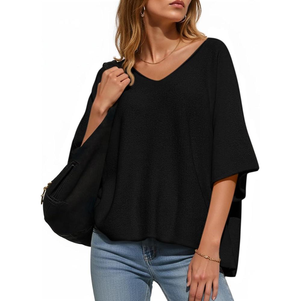 image:imageSaodimallsu Womens Oversized Summer Sweater Half Sleeve Batwing V Neck Dolman Sleeve Trendy Casual Knit TopsBlack