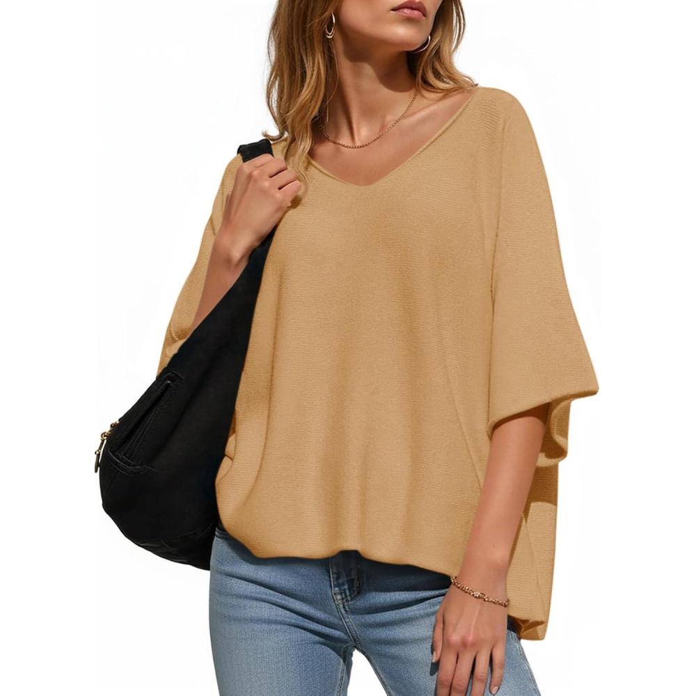 image:imageSaodimallsu Womens Oversized Summer Sweater Half Sleeve Batwing V Neck Dolman Sleeve Trendy Casual Knit TopsKhaki