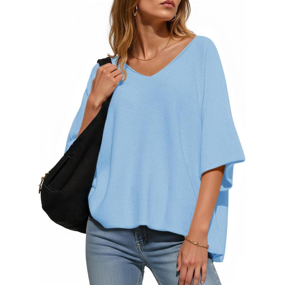 image:imageSaodimallsu Womens Oversized Summer Sweater Half Sleeve Batwing V Neck Dolman Sleeve Trendy Casual Knit TopsSky Blue
