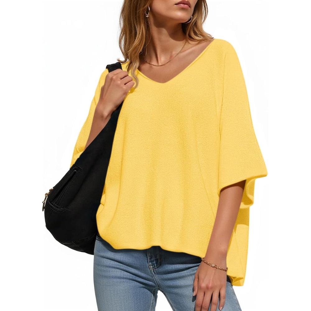 image:imageSaodimallsu Womens Oversized Summer Sweater Half Sleeve Batwing V Neck Dolman Sleeve Trendy Casual Knit TopsYellow