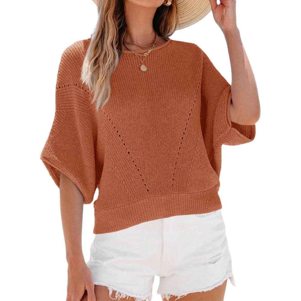 image:imageSaodimallsu Womens Short Batwing Sleeve Sweater Tops Crochet Knit Crew Neck Loose Casual Summer Pullover TShirtsBrick Red