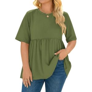 Beautife Womens Plus Size Summer Babydoll Tops Short Sleeve Crew Neck T Shirts Peplum Casual Loose Fit Blouse(Army Green)