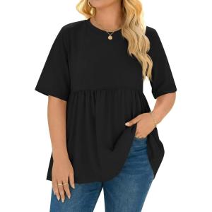 Beautife Womens Plus Size Summer Babydoll Tops Short Sleeve Crew Neck T Shirts Peplum Casual Loose Fit Blouse(Black)