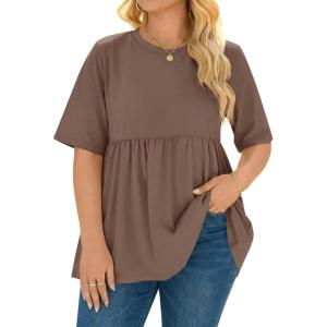 Beautife Womens Plus Size Summer Babydoll Tops Short Sleeve Crew Neck T Shirts Peplum Casual Loose Fit Blouse(Brown)