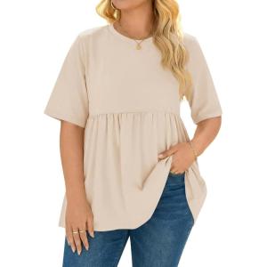Beautife Womens Plus Size Summer Babydoll Tops Short Sleeve Crew Neck T Shirts Peplum Casual Loose Fit Blouse(Khaki)