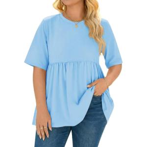 Beautife Womens Plus Size Summer Babydoll Tops Short Sleeve Crew Neck T Shirts Peplum Casual Loose Fit Blouse(Light Blue)