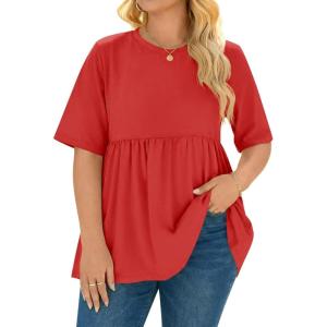 Beautife Womens Plus Size Summer Babydoll Tops Short Sleeve Crew Neck T Shirts Peplum Casual Loose Fit Blouse(Red)