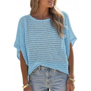 Saodimallsu Womens Crochet Tops Summer Batwing Short Sleeve Oversized Sweater Boat Neck Mesh Knit Beach Cover Up Top(Blue)