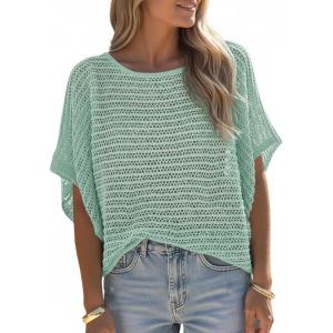 Saodimallsu Womens Crochet Tops Summer Batwing Short Sleeve Oversized Sweater Boat Neck Mesh Knit Beach Cover Up Top(Green)