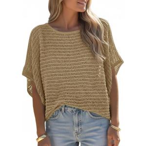 Saodimallsu Womens Crochet Tops Summer Batwing Short Sleeve Oversized Sweater Boat Neck Mesh Knit Beach Cover Up Top(Khaki)
