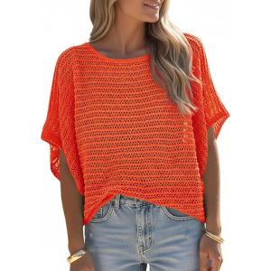 Saodimallsu Womens Crochet Tops Summer Batwing Short Sleeve Oversized Sweater Boat Neck Mesh Knit Beach Cover Up Top(Orange Red)