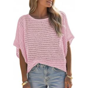 Saodimallsu Womens Crochet Tops Summer Batwing Short Sleeve Oversized Sweater Boat Neck Mesh Knit Beach Cover Up Top(Pink)