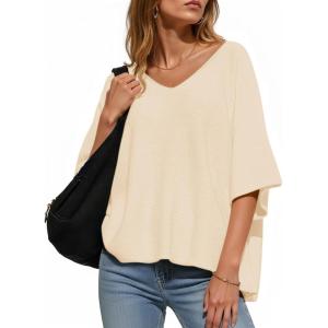 Saodimallsu Womens Oversized Summer Sweater Half Sleeve Batwing V Neck Dolman Sleeve Trendy Casual Knit Tops(Apricot)