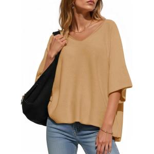 Saodimallsu Womens Oversized Summer Sweater Half Sleeve Batwing V Neck Dolman Sleeve Trendy Casual Knit Tops(Khaki)