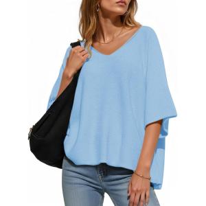Saodimallsu Womens Oversized Summer Sweater Half Sleeve Batwing V Neck Dolman Sleeve Trendy Casual Knit Tops(Sky Blue)