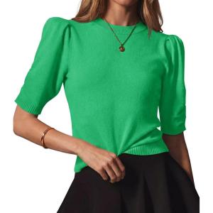 Saodimallsu Womens Puff Sleeve Sweater Tops Ruffle Crew Neck Dressy Casual Loose Knit Pullover Shirts Blouses(Green)