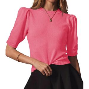 Saodimallsu Womens Puff Sleeve Sweater Tops Ruffle Crew Neck Dressy Casual Loose Knit Pullover Shirts Blouses(Watermelon Red)