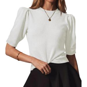Saodimallsu Womens Puff Sleeve Sweater Tops Ruffle Crew Neck Dressy Casual Loose Knit Pullover Shirts Blouses(White)
