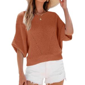 Saodimallsu Womens Short Batwing Sleeve Sweater Tops Crochet Knit Crew Neck Loose Casual Summer Pullover T-Shirts(Brick Red)