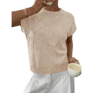 Saodimallsu Womens Short Sleeve Sweater Trendy Floral Pullover Sweaters Summer Casual Crewneck Lightweight Knit Tops(Apricot)
