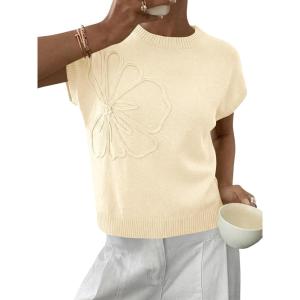 Saodimallsu Womens Short Sleeve Sweater Trendy Floral Pullover Sweaters Summer Casual Crewneck Lightweight Knit Tops(Beige)