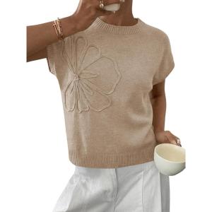 Saodimallsu Womens Short Sleeve Sweater Trendy Floral Pullover Sweaters Summer Casual Crewneck Lightweight Knit Tops(Khaki)