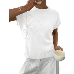 Saodimallsu Womens Short Sleeve Sweater Trendy Floral Pullover Sweaters Summer Casual Crewneck Lightweight Knit Tops(White)