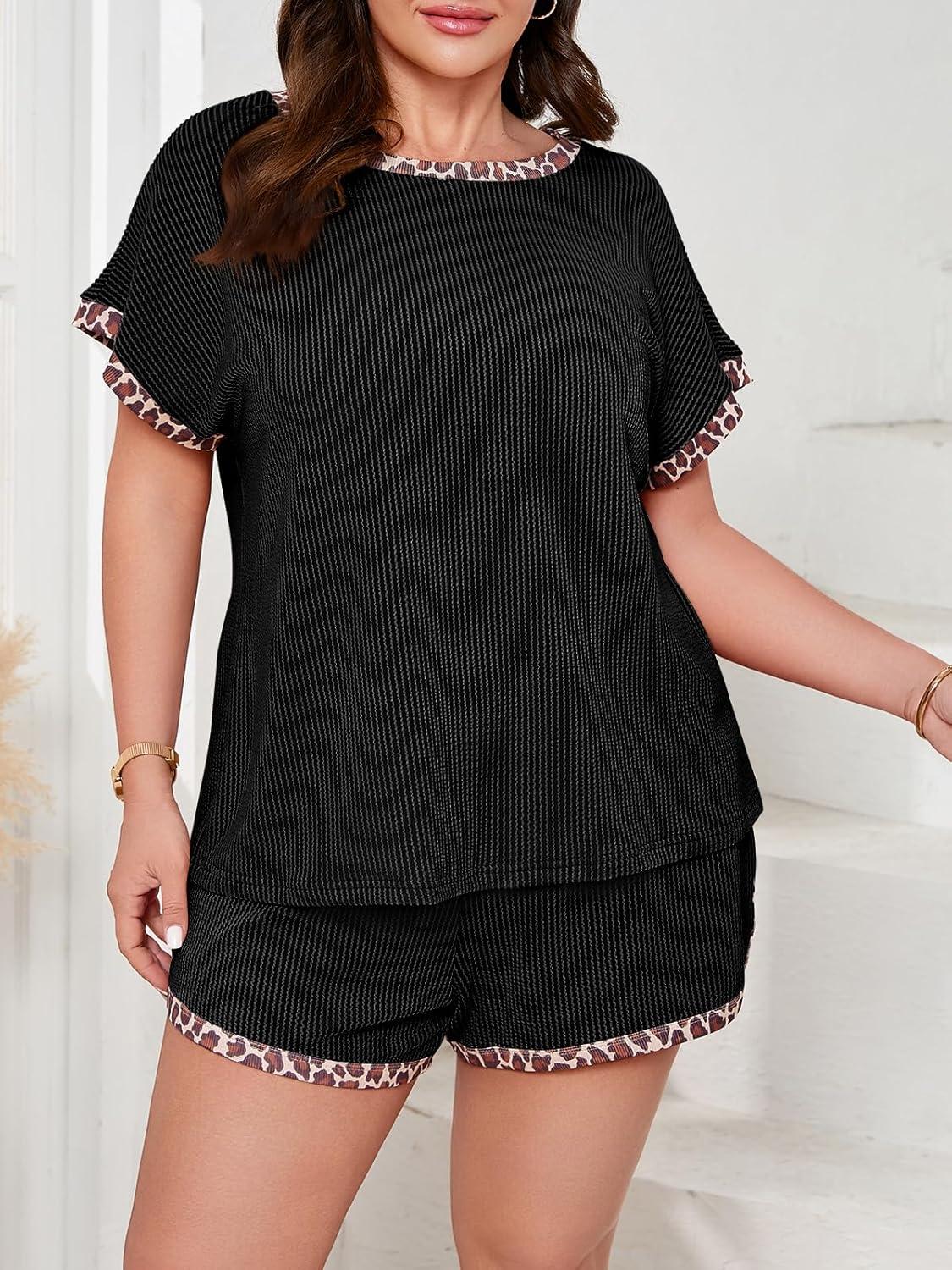 image:imageBeautife Womens Plus Size 2 Piece Short Sets Leopard Print Ribbed Knit Short Sleeve Top 2026 Summer Casual Lounge SetBlack