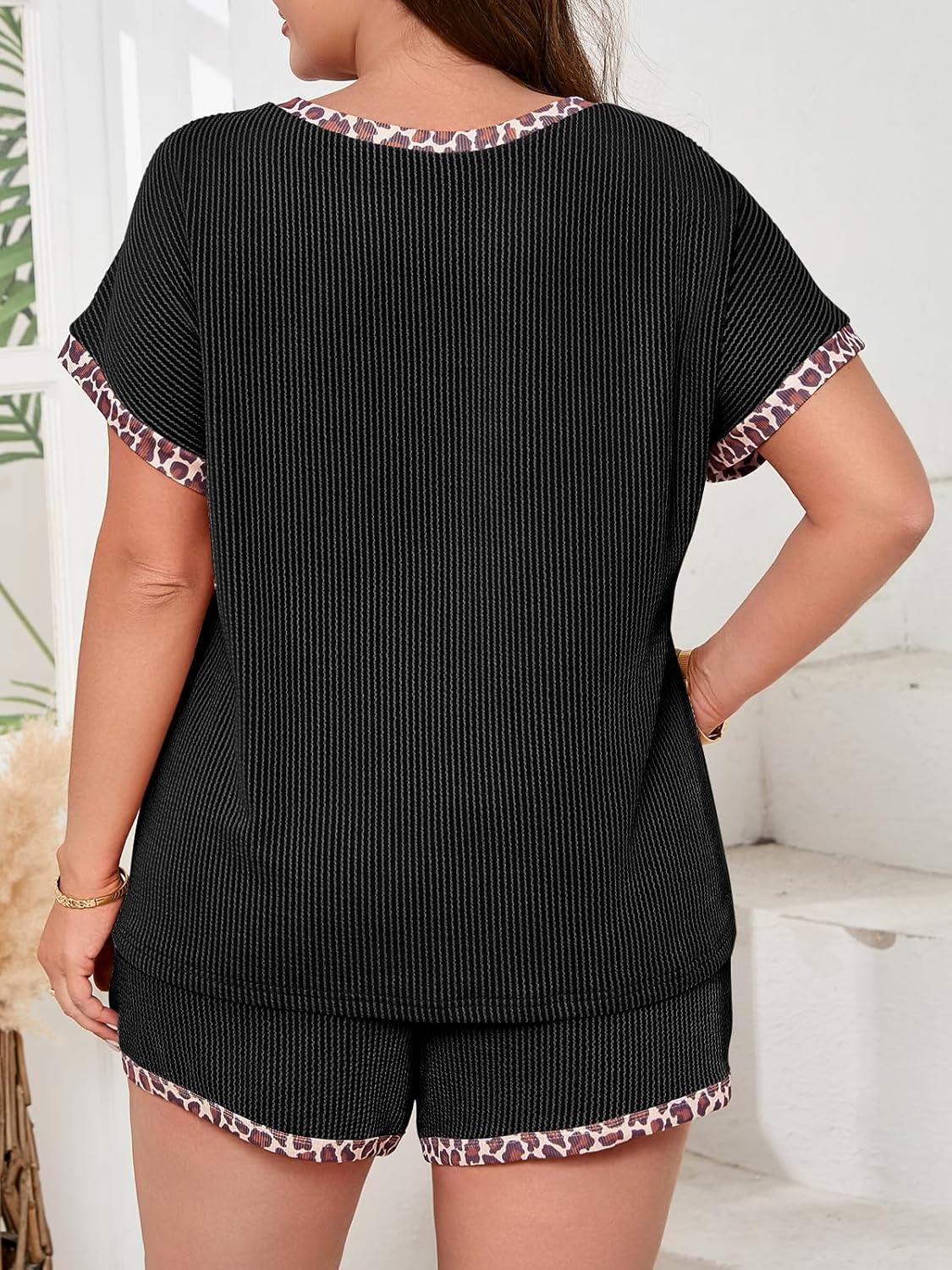 image:imageBeautife Womens Plus Size 2 Piece Short Sets Leopard Print Ribbed Knit Short Sleeve Top 2026 Summer Casual Lounge SetBlack