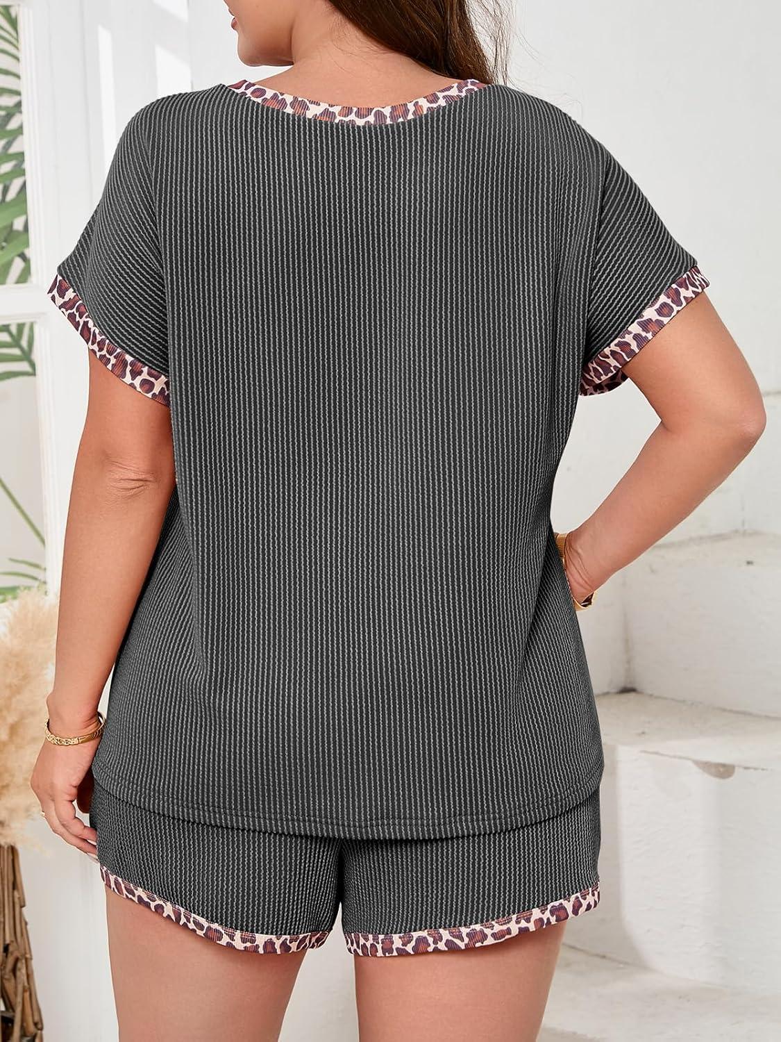 image:imageBeautife Womens Plus Size 2 Piece Short Sets Leopard Print Ribbed Knit Short Sleeve Top 2026 Summer Casual Lounge SetDark Grey