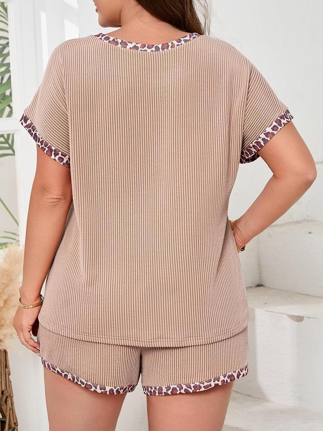 image:imageBeautife Womens Plus Size 2 Piece Short Sets Leopard Print Ribbed Knit Short Sleeve Top 2026 Summer Casual Lounge SetKhaki
