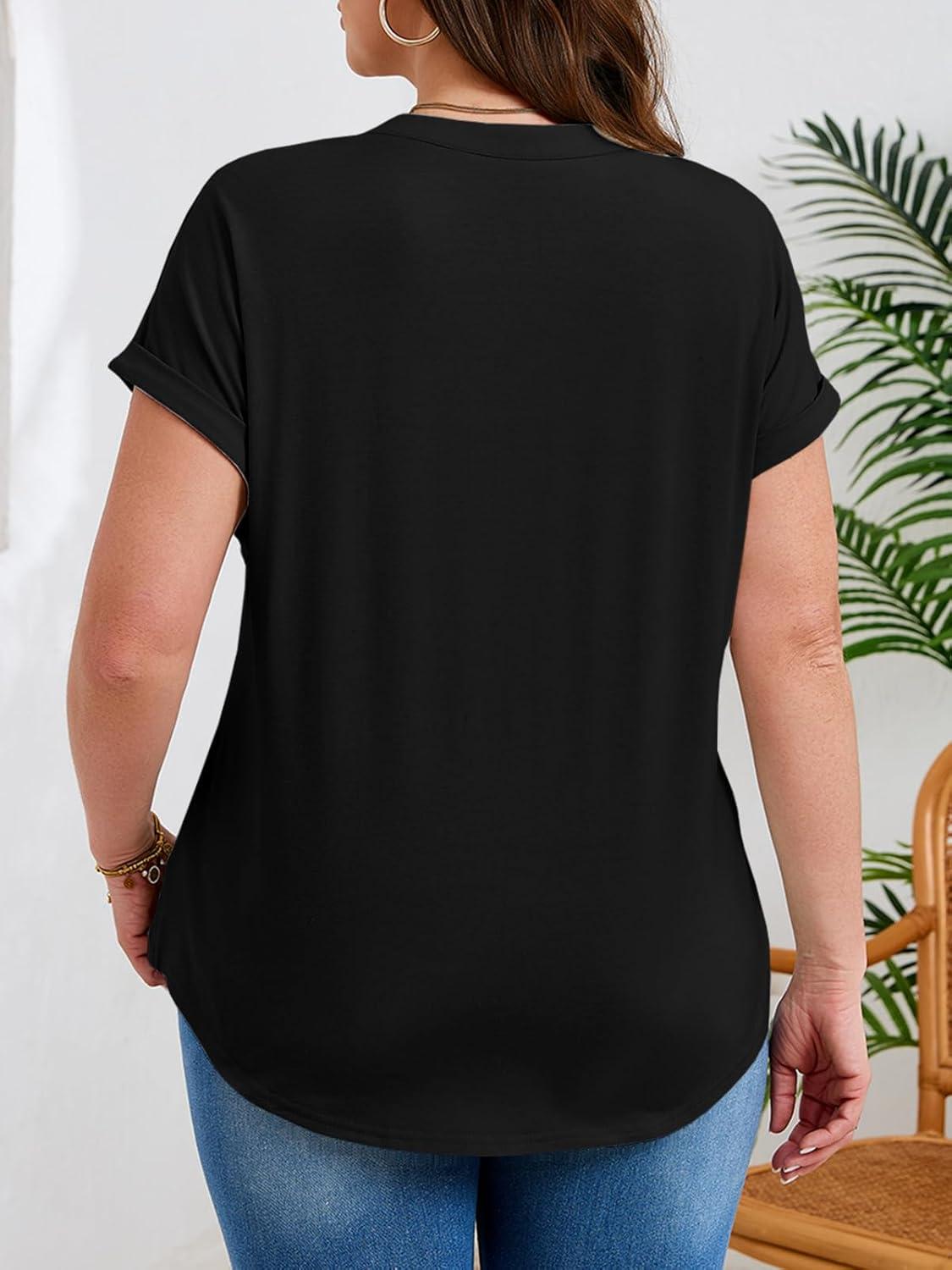 image:imageBeautife Womens Plus Size Short Sleeve Henley Tops Summer Button V Neck Blouses 2026 Dressy Casual Loose T ShirtsBlack