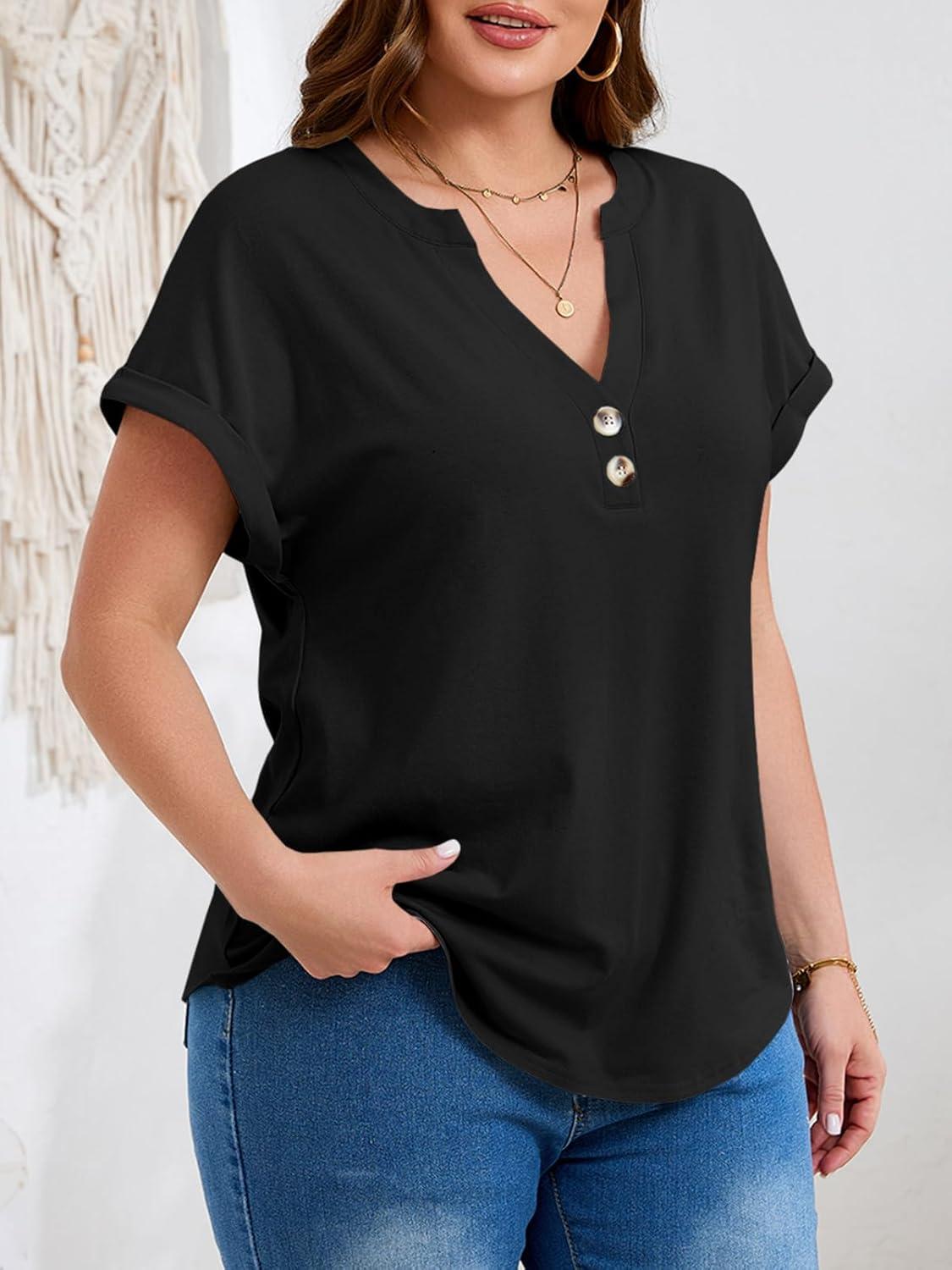 image:imageBeautife Womens Plus Size Short Sleeve Henley Tops Summer Button V Neck Blouses 2026 Dressy Casual Loose T ShirtsBlack