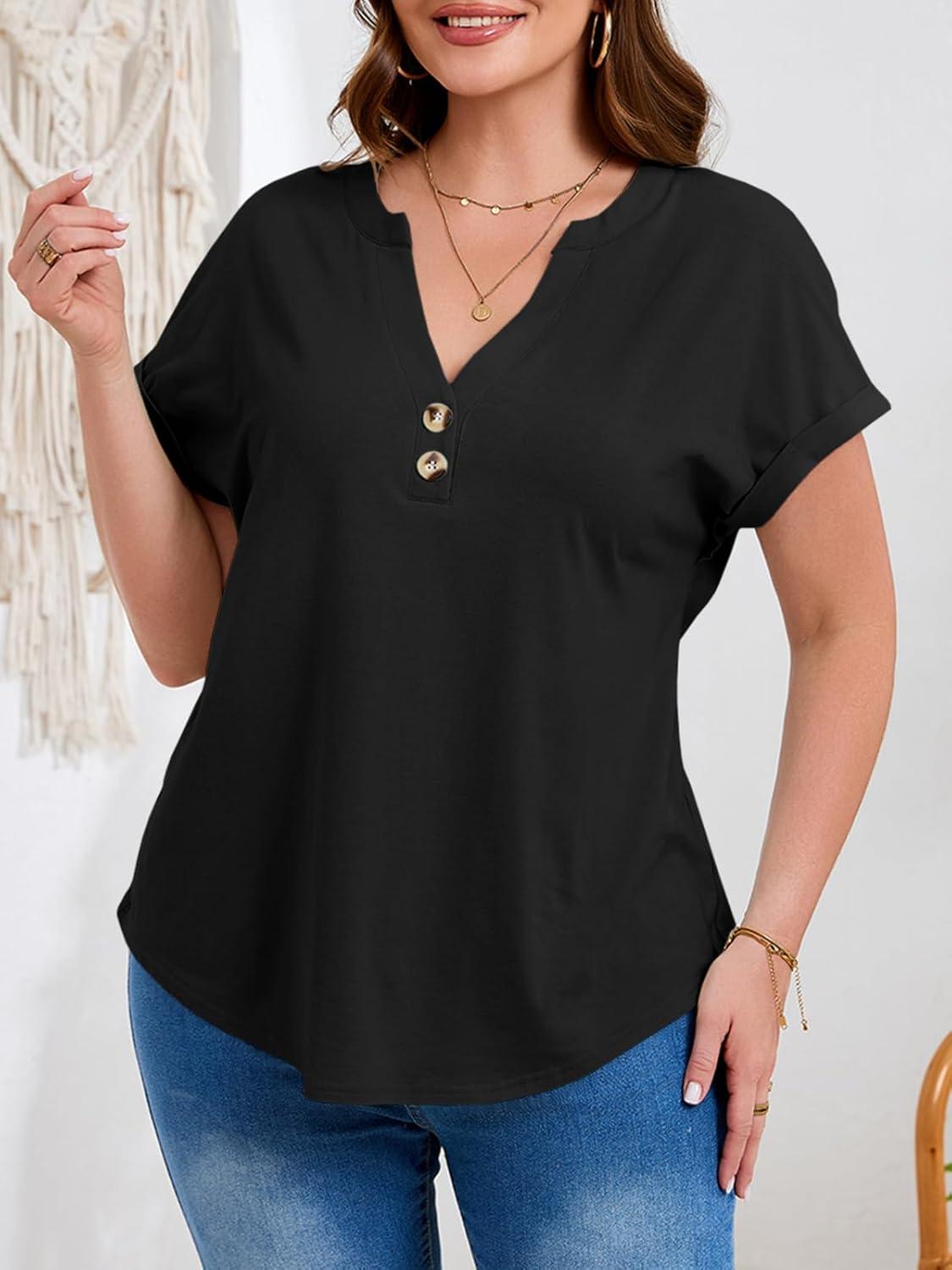 image:imageBeautife Womens Plus Size Short Sleeve Henley Tops Summer Button V Neck Blouses 2026 Dressy Casual Loose T ShirtsBlack