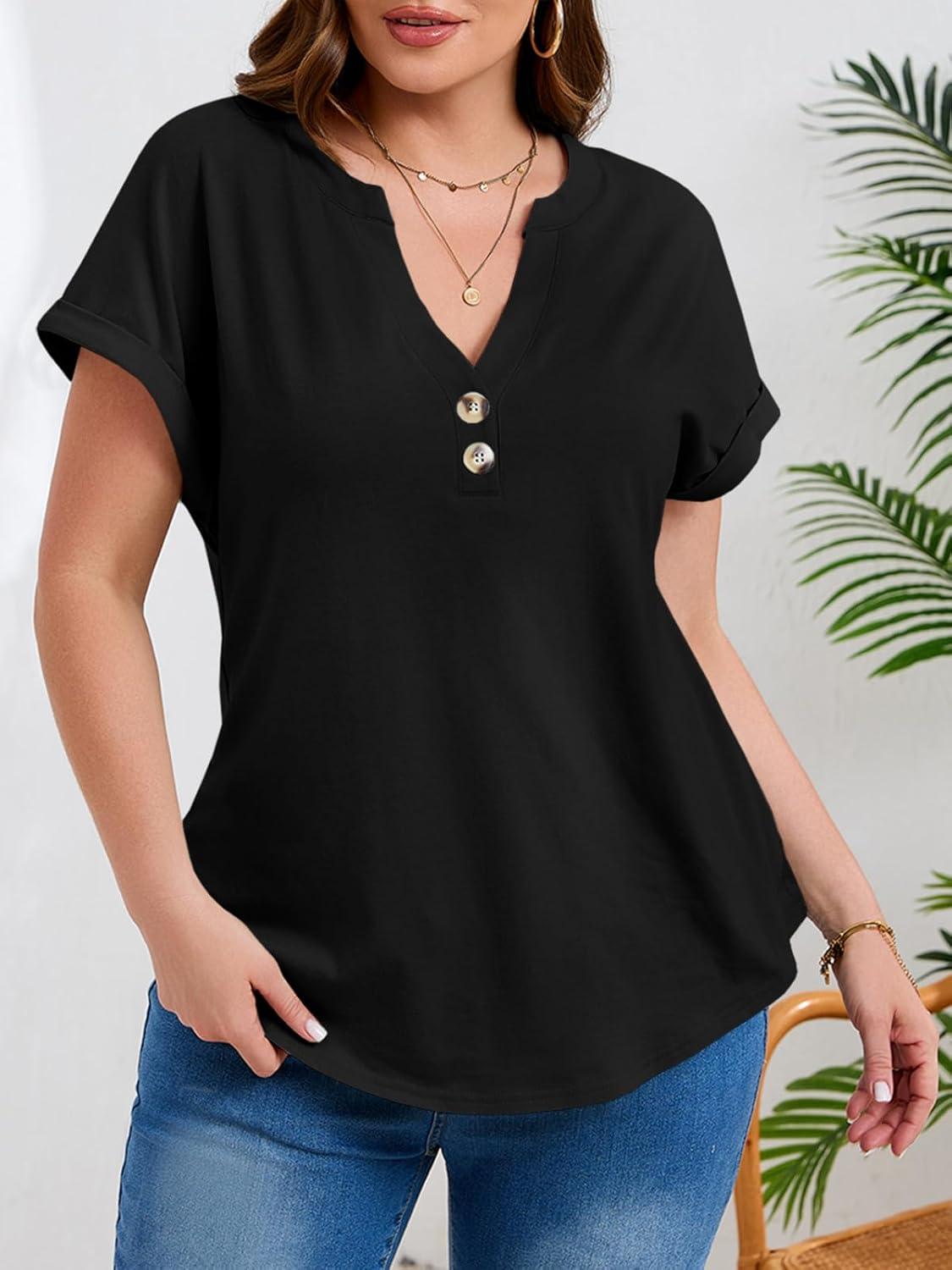 image:imageBeautife Womens Plus Size Short Sleeve Henley Tops Summer Button V Neck Blouses 2026 Dressy Casual Loose T ShirtsBlack