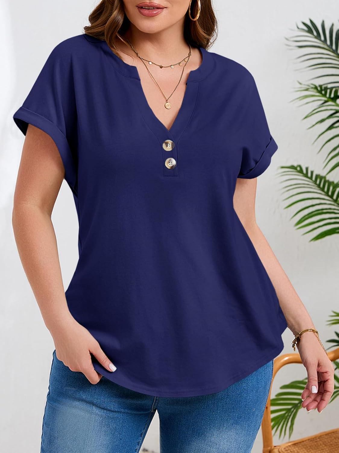 image:imageBeautife Womens Plus Size Short Sleeve Henley Tops Summer Button V Neck Blouses 2026 Dressy Casual Loose T ShirtsDark Blue