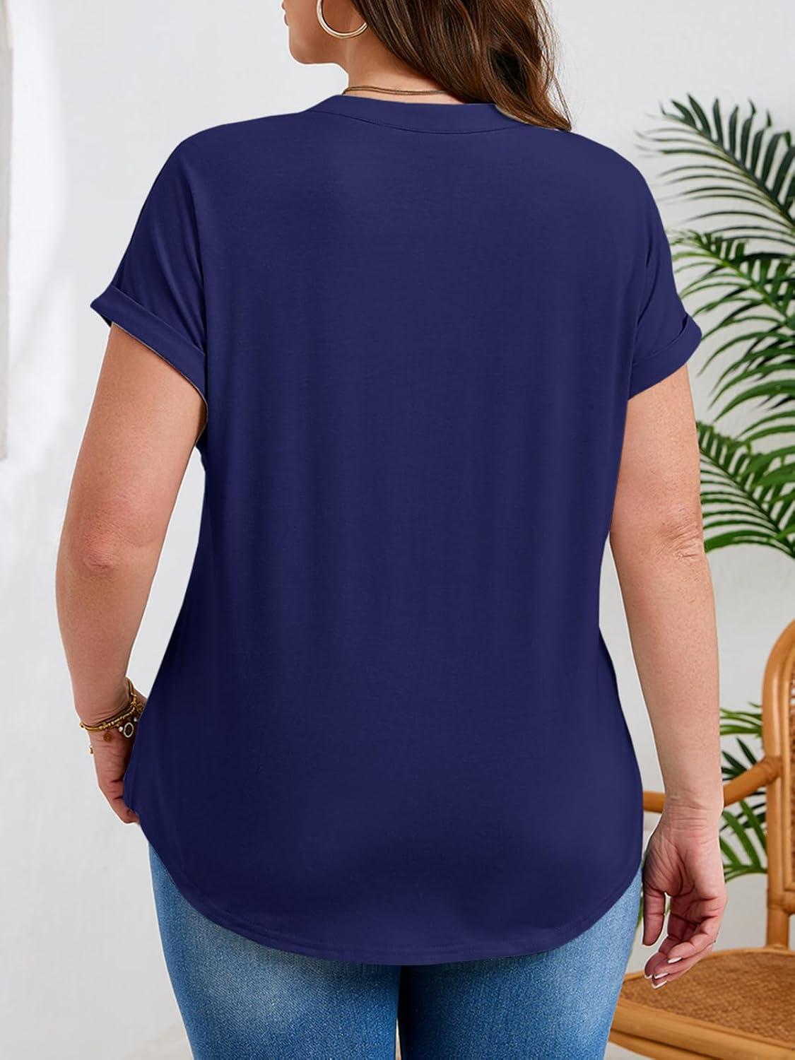 image:imageBeautife Womens Plus Size Short Sleeve Henley Tops Summer Button V Neck Blouses 2026 Dressy Casual Loose T ShirtsDark Blue