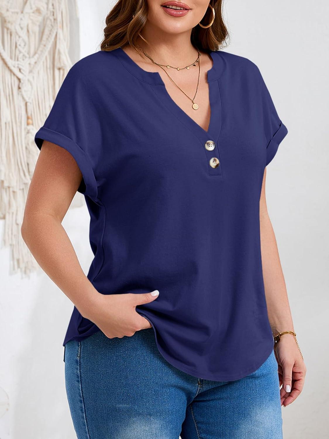 image:imageBeautife Womens Plus Size Short Sleeve Henley Tops Summer Button V Neck Blouses 2026 Dressy Casual Loose T ShirtsDark Blue
