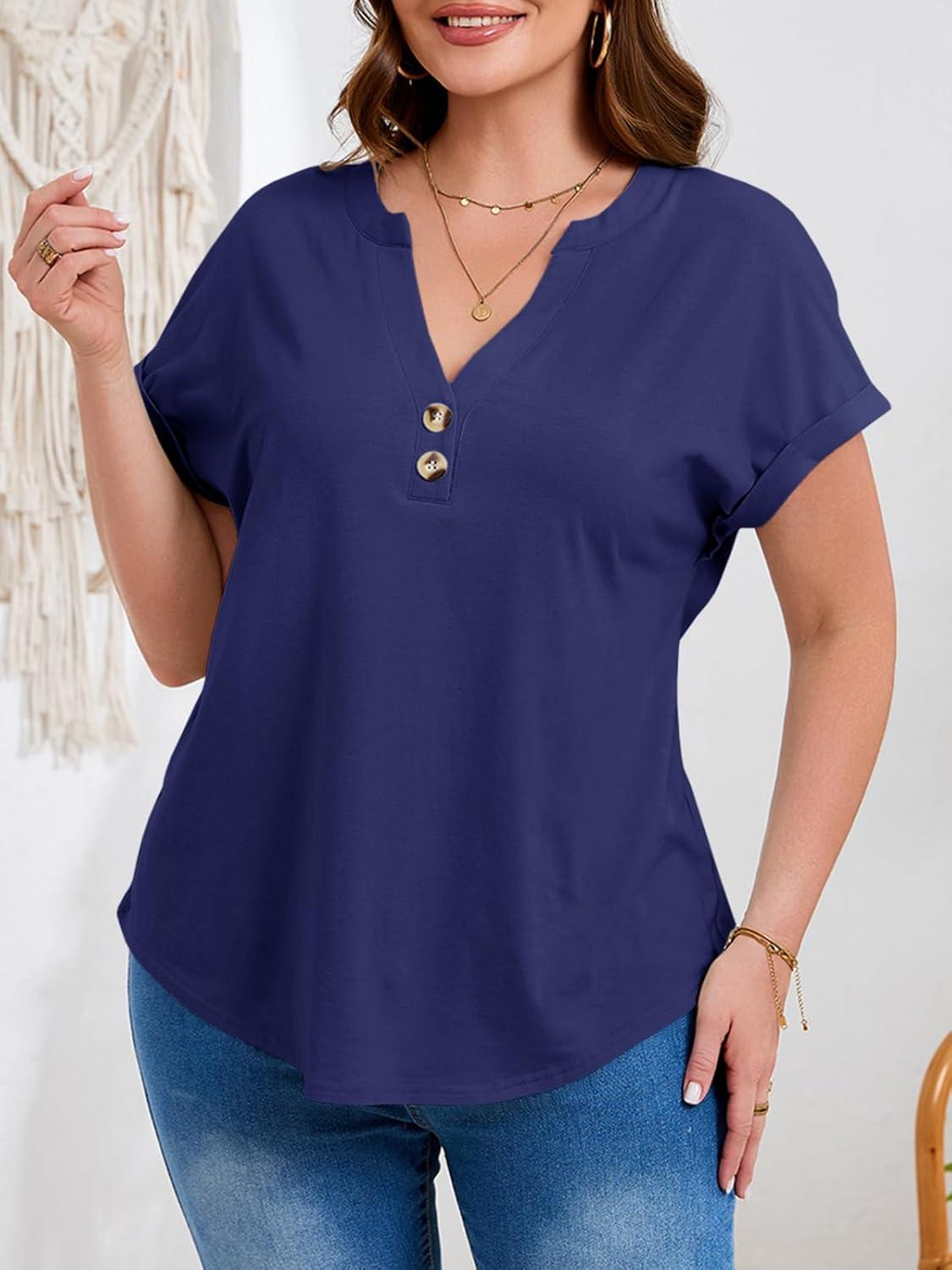 image:imageBeautife Womens Plus Size Short Sleeve Henley Tops Summer Button V Neck Blouses 2026 Dressy Casual Loose T ShirtsDark Blue