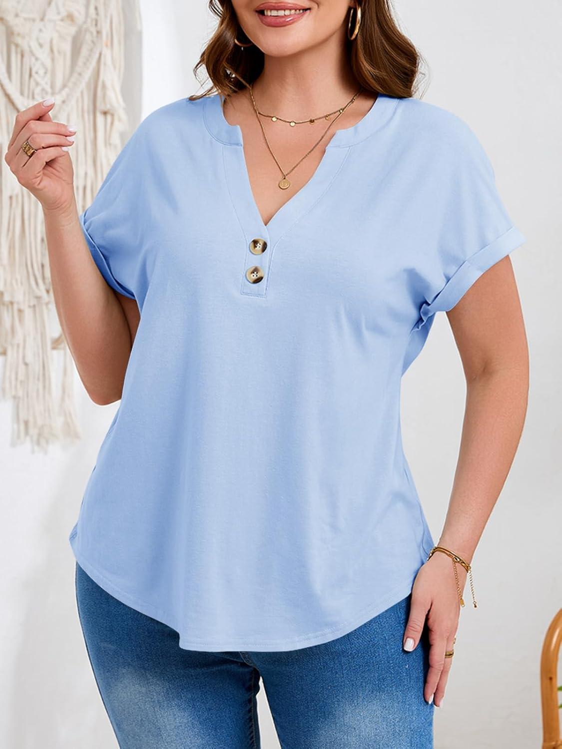 image:imageBeautife Womens Plus Size Short Sleeve Henley Tops Summer Button V Neck Blouses 2026 Dressy Casual Loose T ShirtsLight Blue