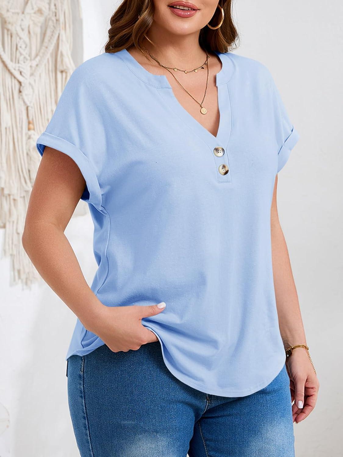 image:imageBeautife Womens Plus Size Short Sleeve Henley Tops Summer Button V Neck Blouses 2026 Dressy Casual Loose T ShirtsLight Blue