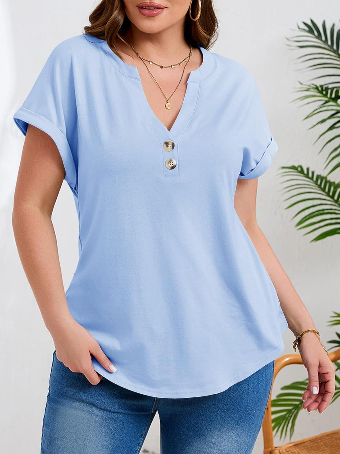 image:imageBeautife Womens Plus Size Short Sleeve Henley Tops Summer Button V Neck Blouses 2026 Dressy Casual Loose T ShirtsLight Blue
