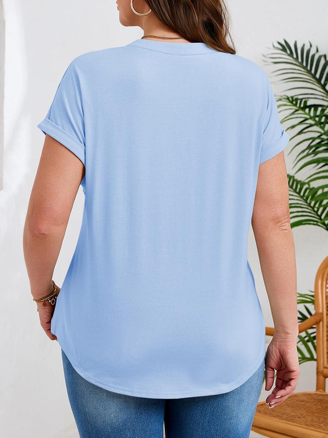 image:imageBeautife Womens Plus Size Short Sleeve Henley Tops Summer Button V Neck Blouses 2026 Dressy Casual Loose T ShirtsLight Blue